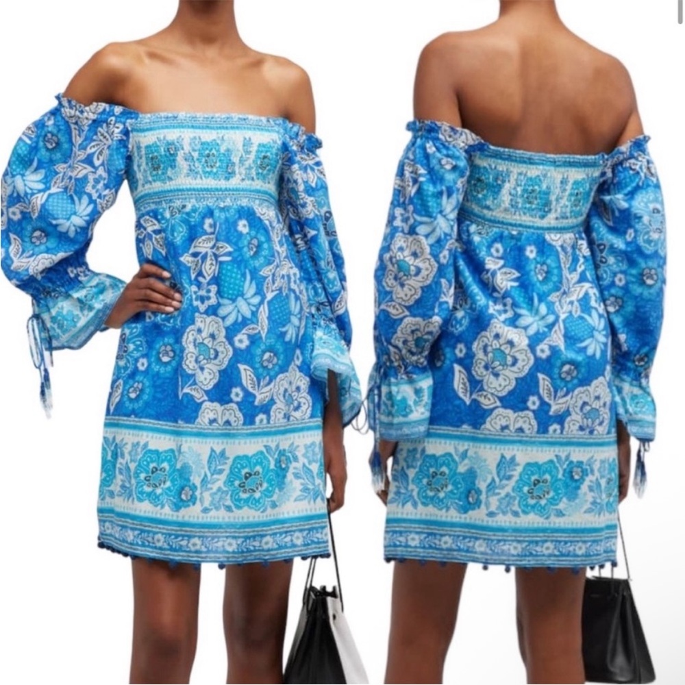 Farm Rio Floral Off-Shoulder Blue Dress